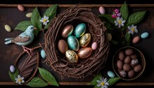 Chocolate Easter Eggs In A Nest - AI Generative