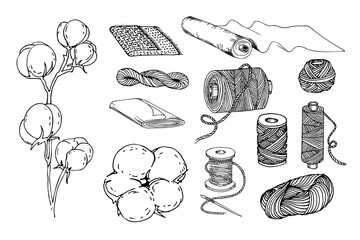 Cotton plant, thread skein and spool. Cotton flower bloom, needle with yarn and fabric set. Hand drawn vector illustration