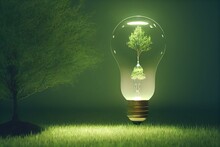A Light Bulb With A Tree Inside Of It And A Wire Running Through It To A Tree Inside Of It, With A Green Field Inside Of Grass And A Tree Inside Of The Light Bulb. Generative AI
