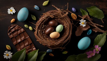 Chocolate easter eggs in a nest - AI Generative