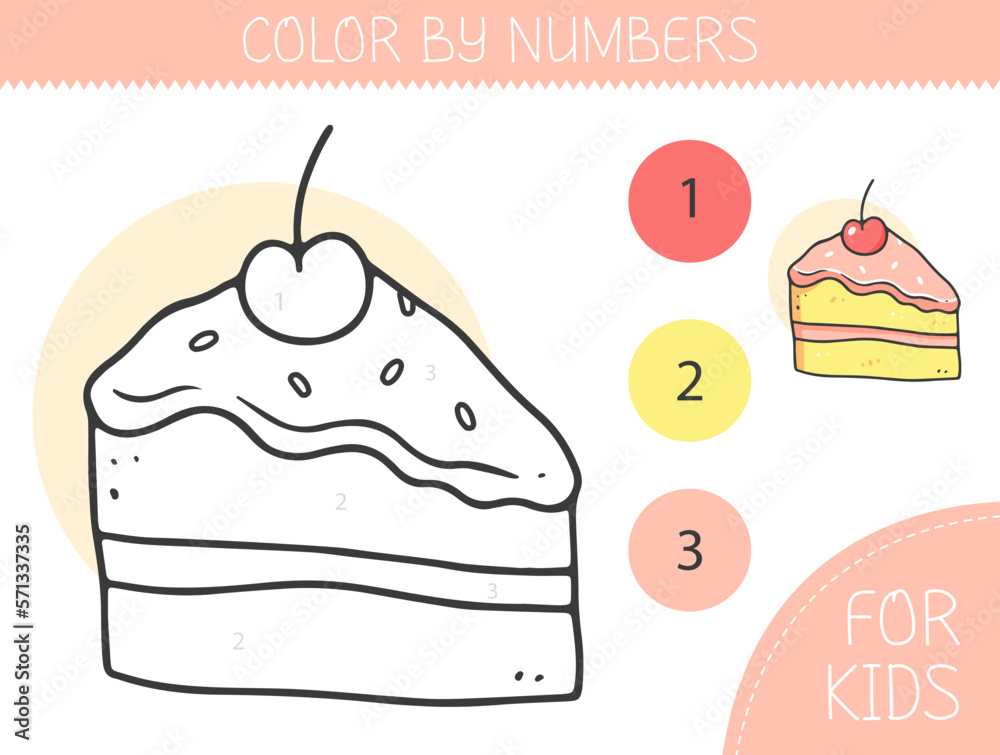 Color by numbers coloring page for kids with piece of cake. Coloring ...