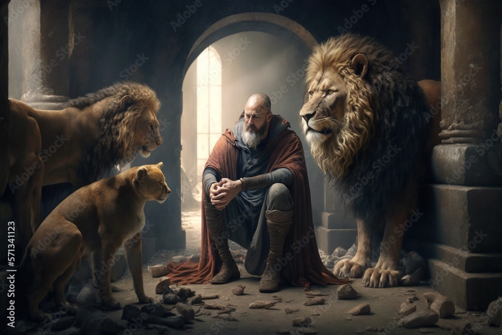 Daniel in the lions den. Generative AI. Stock Illustration | Adobe Stock