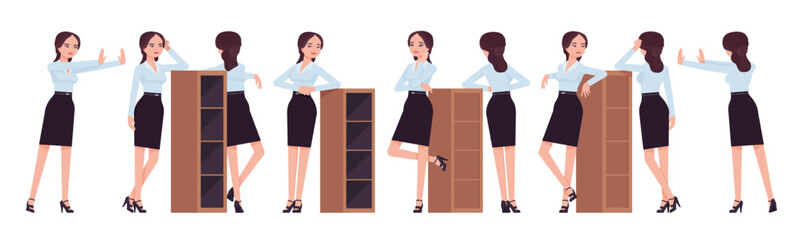 Wall Mural - Attractive effective businesswoman set, furniture leaning poses. Office girl, female manager in formal pencil skirt for work occasion. Vector flat style cartoon character isolated, white background