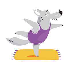 Wall Mural - Cute funny wolf doing yoga. Adorable animal practicing fitness exercise cartoon vector illustration