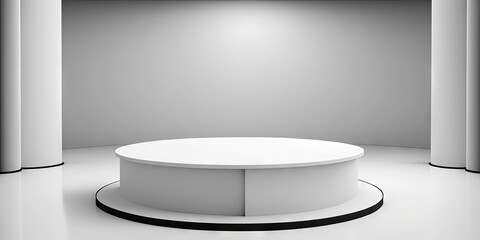 Poster - stage with a realistic white round podium in a white room. Generative AI