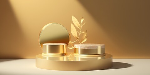 Poster - premium beauty, cosmetic product display backdrop of two layer round shining gold podium with dappled sunshine, leaf shadow on beige concrete abstract wall, and space in background. Generative AI