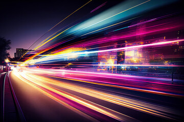 abstract long exposure dynamic speed light trails in an urban environment. generative ai