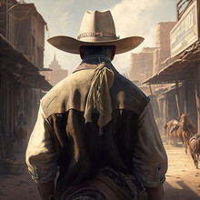 Back View Of A Cowboy In The Wild West. Generative AI.