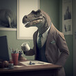 Dinosaur in an elegant suit working in an office. Generative AI.