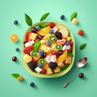 Bowl with a fruit salad on a green background. Generative AI.