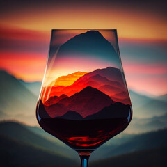 Glass of red wine with a vineyard in the background. Generative AI.