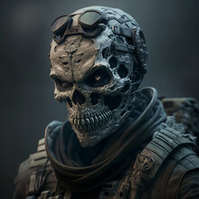 Photo Of A Fully Equipped Soldier Standing In Skull Mask. Closeup Front View.