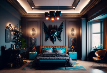 bedroom interior design in the style of superhero headquarters,illustration,created with Generative AI Technology