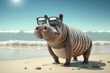 Hippo With Sunglasses On The Beach, Created With Generative Ai