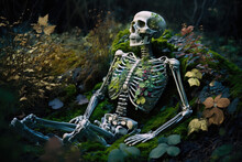 Old Skeleton With Grass Weeds And Fungi Growing On It Made By Generative Ai