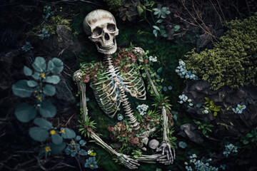 old skeleton with grass weeds and fungi growing on it made by generative ai