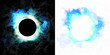 Blue magic circle effect, shockwave of glowing energy, ring. Abstract light effect element to implement in Design. isolated on black and transparent PNG.