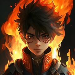 Poster - Avatar of anime boy with fire in the background, front profile. face of a child with flames. Generative AI