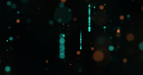 Poster - Abstract bokeh lights in orange, green, and blue colors, creating a futuristic technology-themed background, seamless loop animation