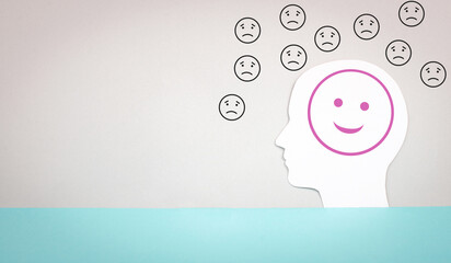Wall Mural - Head with a happy smiling face surrounded by sad people , mental health concept, positive and negative attitude, influenced by people