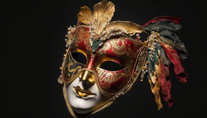 Poster -  a red mask with gold and green feathers on a black background with a white mask with gold and red feathers on top of the mask.  generative ai