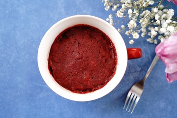 Poster - Homemade red velvet mug cake _ quick Valentines day dessert, selective focus