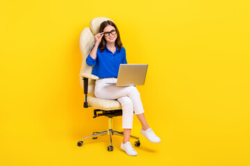 Poster - Full body size photo of young pretty business lady wear smart casual outfit laptop touch glasses promo vacancy isolated on yellow color background