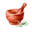 Mortar with a bunch of rosemary. Hand drawn watercolor isolated on white background. Kitchen herbs and spices