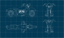 Classic American Motorcycle. Chopper In Four Projections. Old Motorcycle Blueprint	