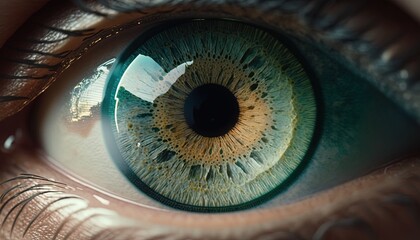  a close up of a person's eye with a green iris and a black circle in the center of the iris of the eye.  generative ai