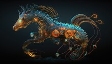  A Computer Generated Image Of A Sea Horse With Glowing Lights On Its Body And Tail, With A Black Background And A Black Background With A Black Background.  Generative Ai