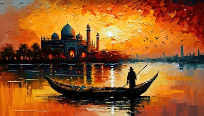 paint like illustration of Indian landscape inspired from Taj Mahal, Generative Ai