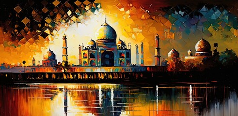 paint like illustration of Indian landscape inspired from  Taj Mahal,  Generative Ai