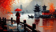 Paint Like Illustration Of An Asian Woman Standing At Lakeside With Building And People On Paddle Boat In Lake, Generative Ai