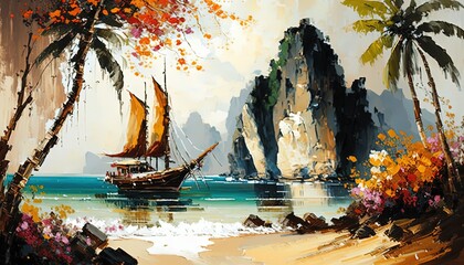 beautiful illustration of fishing boat at sea with tropical nature island background, Generative Ai