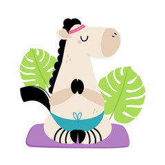 Wall Mural - Cute funny baby horse meditating in lotus position. Adorable animal practicing yoga exercise cartoon vector illustration