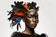 Sexy black woman wearing a golden carnival mask isolated on white background, generative ai