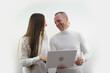 © Oleksandra - sincere smile laughter joy love man and woman with laptop in hands on white background look at each other laughing having fun something funny joke successful project good shopping end work office fun