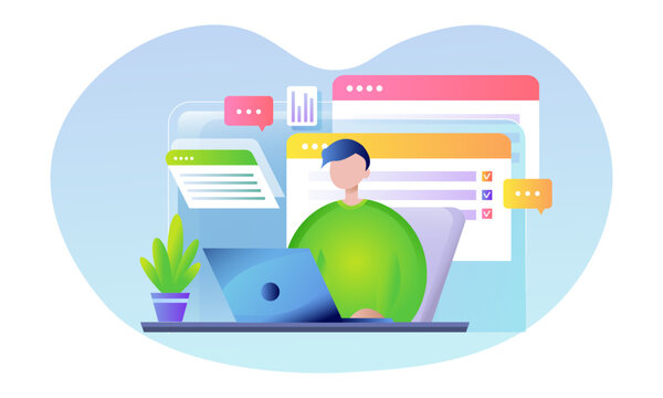 Man with laptop on the table. Online education and online work concept. Flat style, gradient.