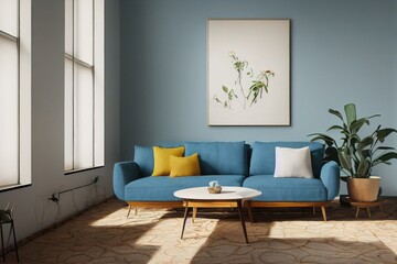 cute chic blue spring modern interior with blue sofa couch and floral wall art made with generative 