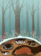 Forest animals sleeping in dens and burrows under winter forest trees and roots. Art for children. Bear, raccoon rabbits and mouse sleep in burrows. Cute animals wallpaper illustration for kids.