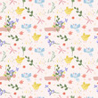Seamless pattern with various flowers in hand, bird, butterflies, hearts. Spring flowering. Floral pattern can be used as textile, fabric, wallpaper, banner, etc. Vector.