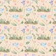 Spring seamless pattern with colored flowers, green leaves, butterfly, hearts. Spring bloom and luxury. Floral pattern can be used as textile, fabric, wallpaper, banner, etc. Vector.