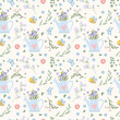 Spring seamless pattern with various flowers in watering can, green leaves, bees, hearts. Floral pattern can be used as textile, fabric, wallpaper, banner, etc. Vector.
