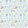 Spring seamless pattern with various flowers in a watering can, a hand holding a bouquet, a bird, hearts. Floral pattern can be used as textile, fabric, wallpaper, banner, etc. Vector