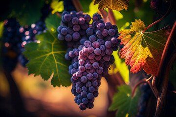 Wall Mural - Grapes on branch in grape plantations. Bunch of red wine ripe grapes on harvest on vineyard. Grapevine in Vineyards plant. Vintage wine. Blue Wine grapes on vine. Grapevine for red wine. Spain