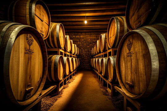 wine barrels in a old wine cellar. grape barrels in wine storage. wooden oak barrels with whiskey in