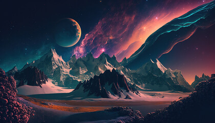 Wall Mural - Fantasy cosmic landscape. View of a planet and cloudy colorful nebulas in space a from a rocky snowy valley with red sand against the background of the mountain. Generative Ai.