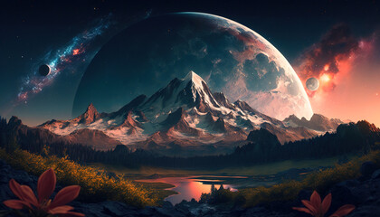 Wall Mural - Fantasy cosmic landscape. View of a huge planet in space and nebula from a flower valley with a lake and a high snowy mountain. Generative Ai.