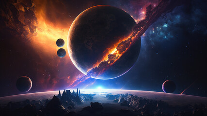 Wall Mural - Fantastic cosmic galactic background. A stunning display of outer space with planets, colorful nebulae and exploding asteroid band from a rocky surface of alien planet. Generative Ai.
